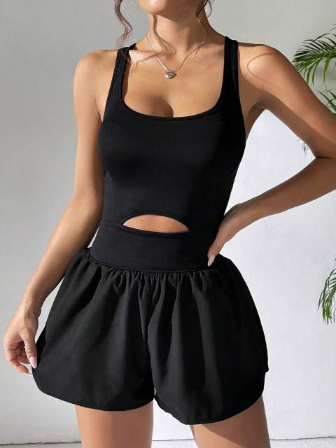 Solid Color Hollow Out Back Cross Strap Sleeveless Sporty Slim Fit Jumpsuit With Cooling Sensation