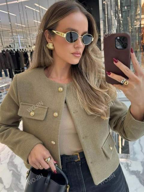 Women's Elegant Casual Tweed Jacket Round Neckline Decorated  Long Sleeves Solid Colour Coat