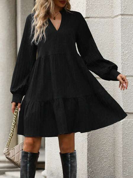 Solid Loose Fit V-neck Long Sleeve Dress