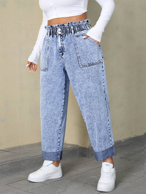 Plus Size Elastic Waist Pocketed Casual Street Fashion Jeans