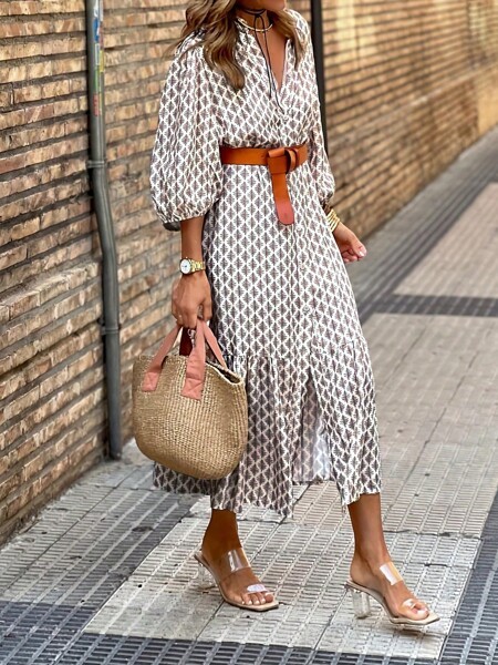 Women V-Neck Printed Lantern Sleeve Casual Daily Match Dress