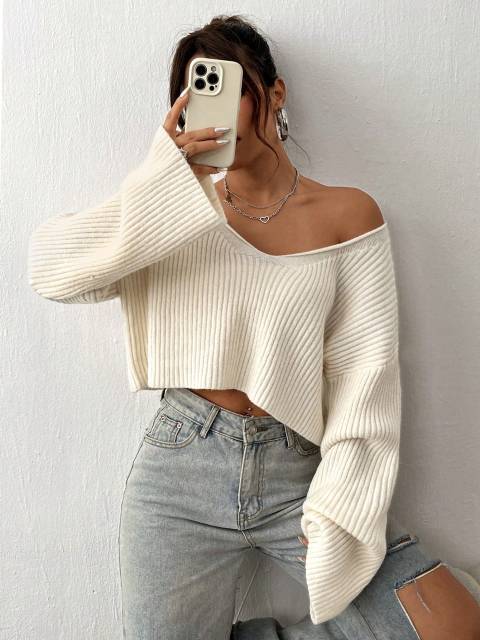 Apricot Ribbed Knit Drop Shoulder V-Neck Crop Sweater