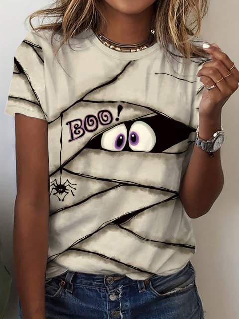 Women Summer Cartoon Letter Print Round Neck Short Sleeve Casual T-Shirt