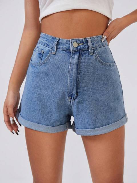 High Waist Roll Up Hem Denim Shorts, Mom Shorts