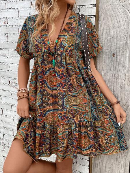 Boho Paisley Smock Dress with Batwing Sleeves and Ruffle Hem