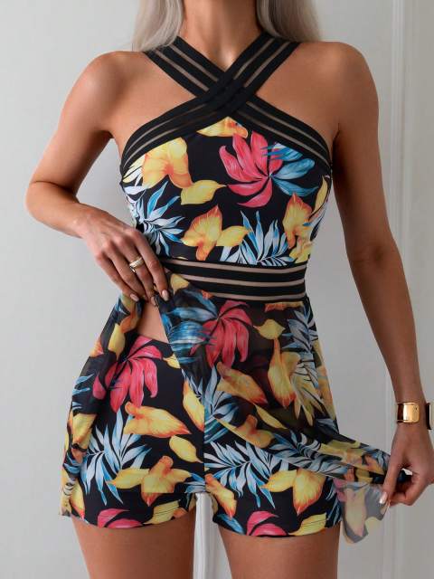 Swim Lushore Summer Beach Ladies' Floral Printed Halter Top And Shorts Swimsuit Set