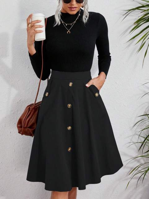Clasi Solid Button Detail Flare Skirt
