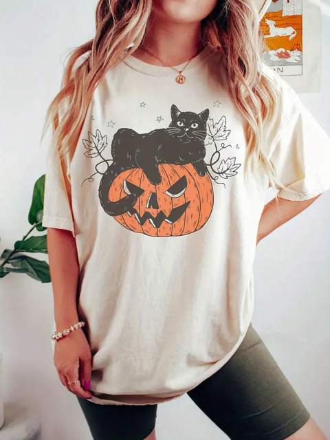 Women's Summer Pumpkin Print Loose Round Neck Drop Shoulder Casual T-Shirt