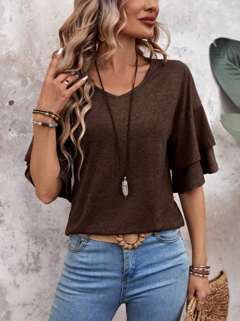 Women's Double Layer Ruffled Hem Short Sleeve T-Shirt