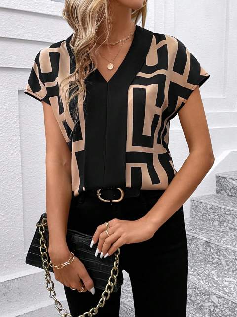Women Geometric Print Batwing Short Sleeve Color Block Collar Loose Summer Shirt Mother Day Outfit