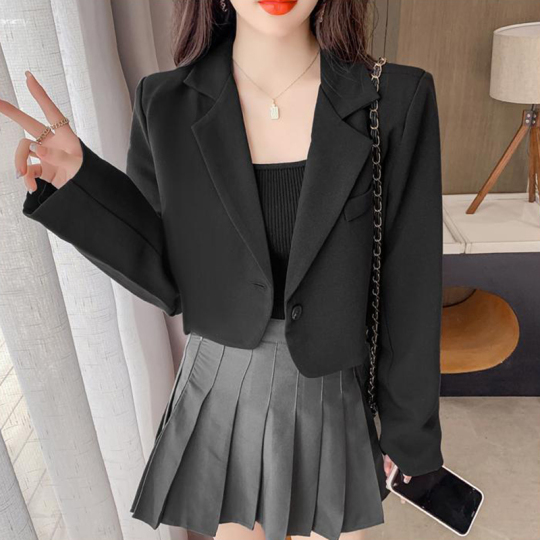 2024 Women's Cropped Blazer - Korean Fashion Long Sleeve Button-Up Office Jacket