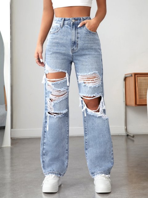 PETITE Zipper Fly Ripped Straight Leg Jeans