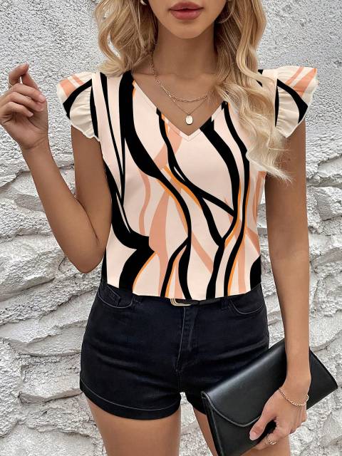 Women's Summer Casual Cap Sleeve Printed Blouse With Asymmetrical Hemline