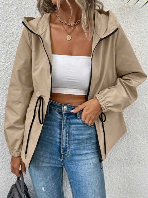 Women's Solid Color Casual Hooded Drawstring Long Sleeve Jacket