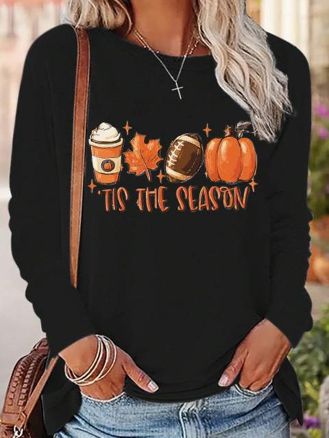 Women's Spring Summer Slogan & Pumpkin Printed Casual Crew Neck Long Sleeve T-Shirt