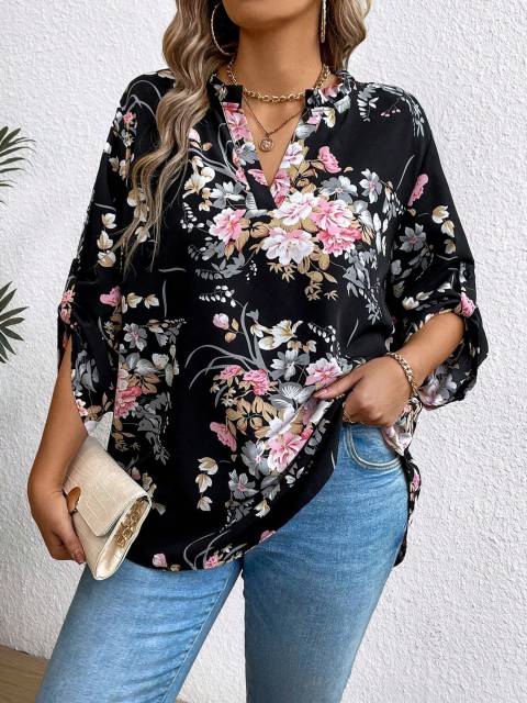 Plus Size Women's Floral Print Ruffle Sleeve Shirt