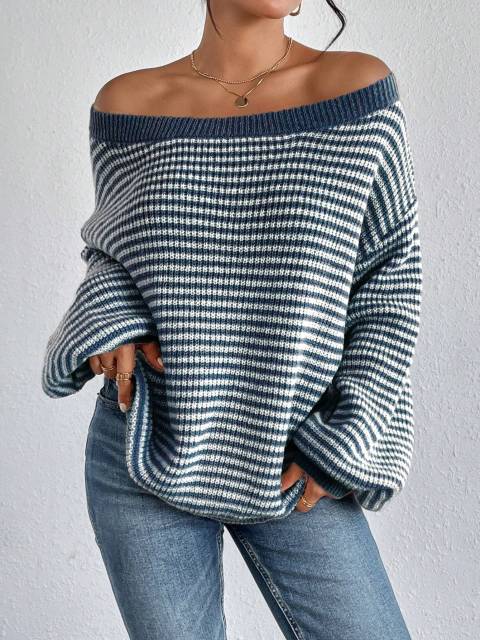 Casual Off-Shoulder Striped Drop Shoulder Sweater - Blue, Knitwear, Spring/Fall