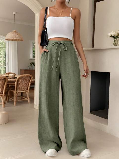 Frenchy Women's Linen Striped Wide-Leg Drawstring Pants - Teacher Clothes Fall Outfits