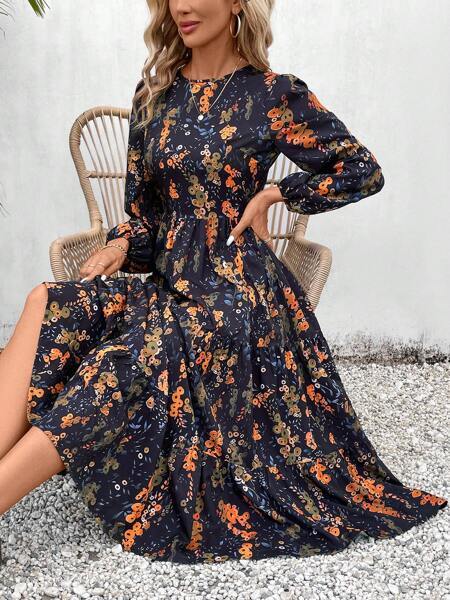Lantern Sleeve Floral Dress with Ruffle Hem