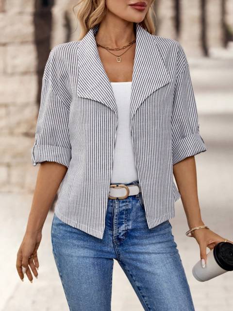 Women's Spring And Autumn Casual Striped Rolled Sleeve Jacket