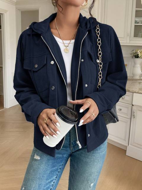 Women's Solid Color Minimalist Casual Hooded Long Sleeve Jacket