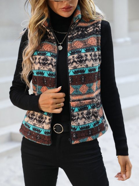 Geo Pattern Zip Up Fleece Vest Jacket