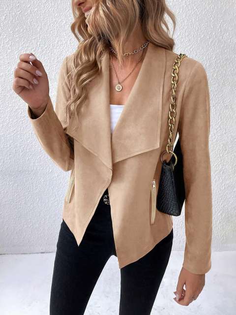 Women Spring And Autumn Solid Color Turn-Down Collar Long Sleeve Short Casual Jacket