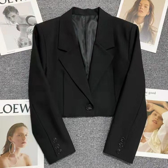 2024 Xpqbb Black Cropped Blazer - Korean Chic Notched Collar Single Button Jacket