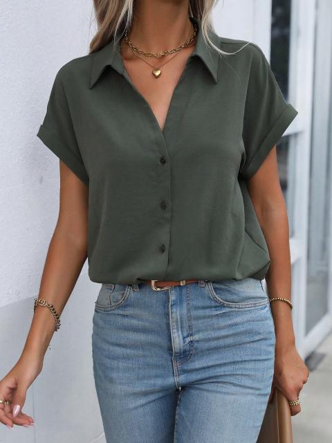 Solid Batwing Sleeve Button Front Shirt