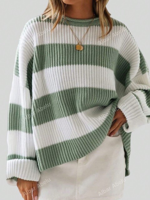 Green Color Block Drop Shoulder Sweater - Casual Loose Fit for Late Fall