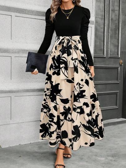 Clasi Floral Print Puff Sleeve Belted Dress