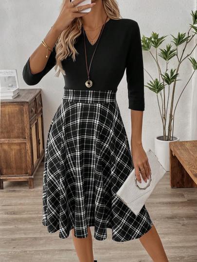 EMERY ROSE Women's Spring And Summer V-Neck 3/4 Sleeve Plaid Patchwork Elegant Commuter Dress Fall Women Dresses