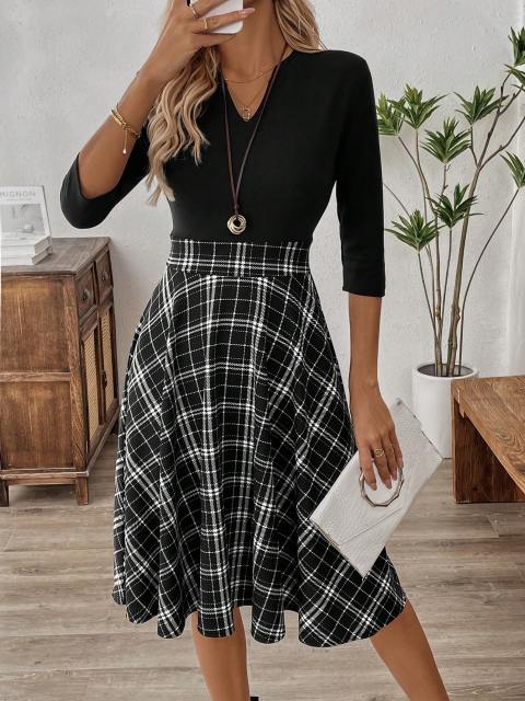 EMERY ROSE Women's Spring And Summer V-Neck 3/4 Sleeve Plaid Patchwork Elegant Commuter Dress Fall Women Dresses
