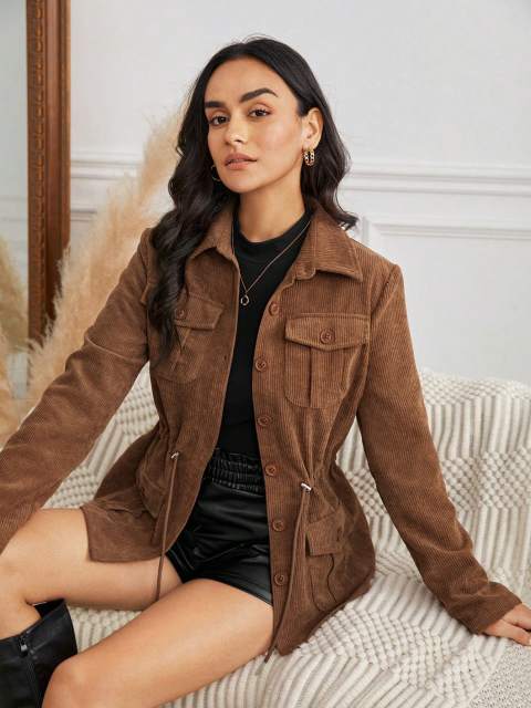 Frenchy Flap Pocket Drawstring Waist Cord Jacket