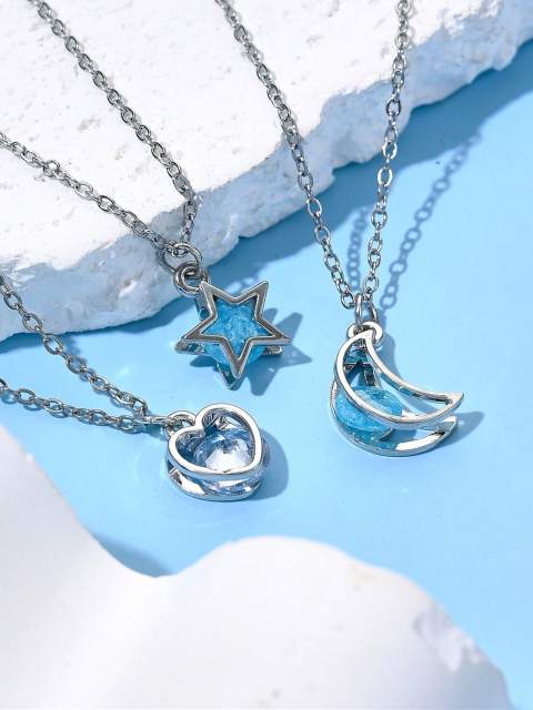 Colorful Metal Star, Heart & Moon CZ Pendant Set - Ideal for Couples & Friends