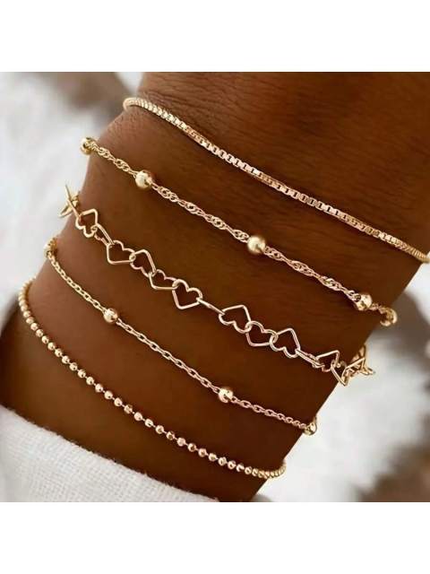 5pcs Alloy Beaded Gold Bracelet Set For Women, Including Ball Chain, Cable Chain And Box Chain. A Versatile Fashion Jewelry For Daily Wear And Commuting.