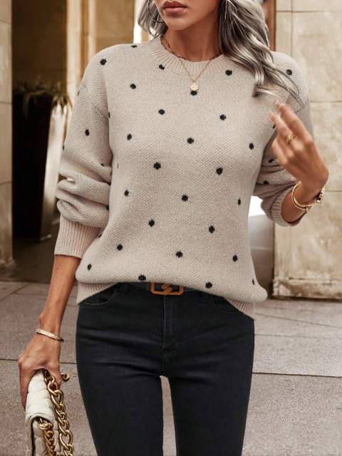 Khaki Polka Dot Pattern Drop Shoulder Sweater