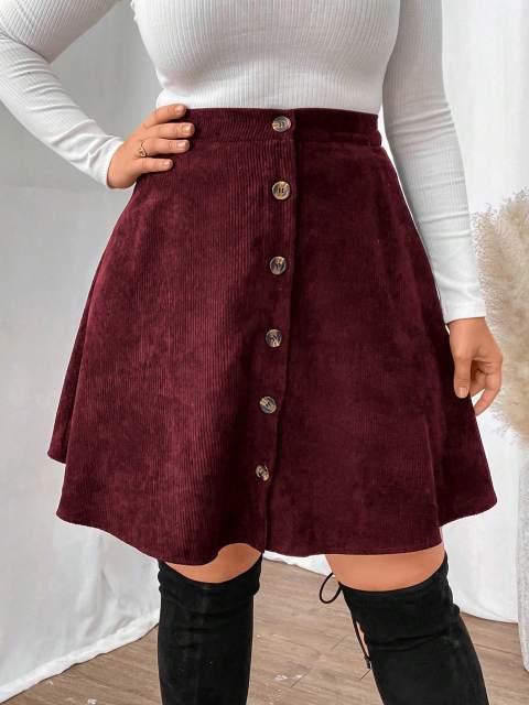 Frenchy Plus Size Burgundy A-Line Button Front Skirt - Casual High Waist Style