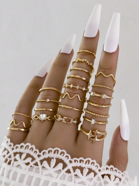 22pcs Fashionable Heart Shaped Ring Set, Simple Geometric Design With Rhinestone Embellishment, Bohemian Style