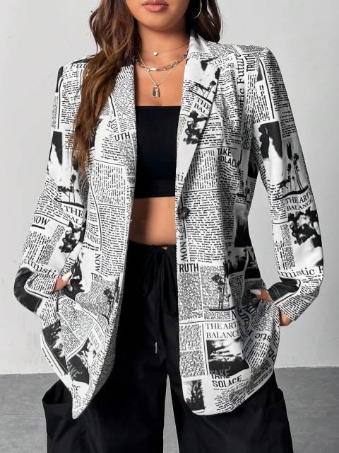 Plus Multicolor Newspaper Print Single Button Blazer
