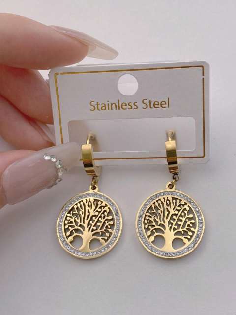 1pair Fashionable & Simple Stainless Steel Rhinestone Decor Tree Of Life Hanging Earrings For Women, Trendy & Elegant Party Jewelry Gift