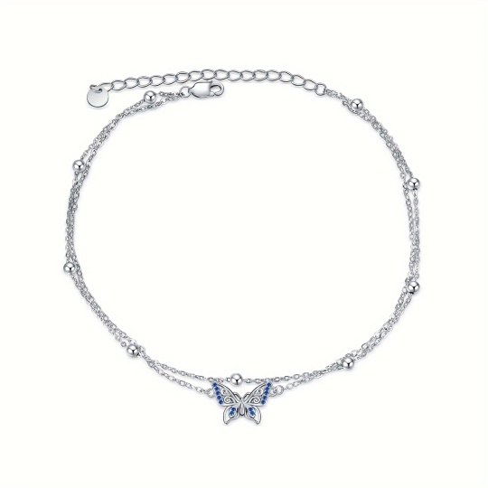 POPLYKE 925 Sterling Silver Butterfly Anklets Double Layered Chain For Birthday Gifts Women Ankle Bracelet Summer Beach Dainty Butterfly Jewelry