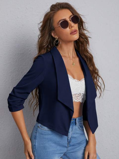 Women's Casual Shawl Collar Ruched Sleeve Open Front Cropped Blazer