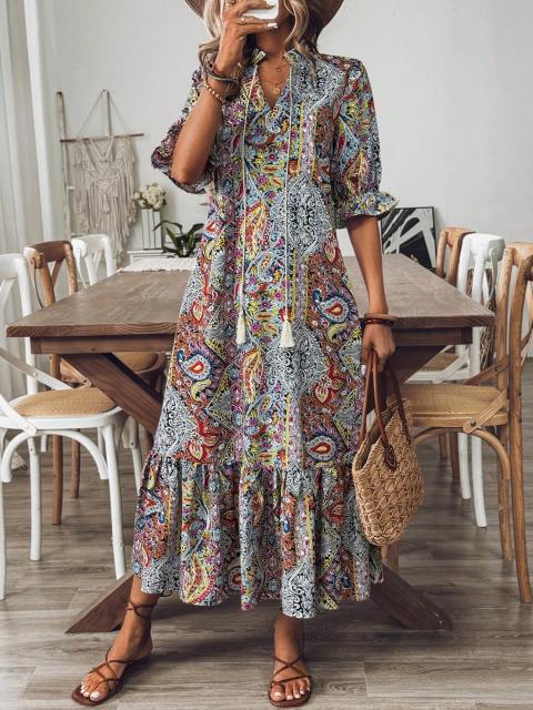 Women's Bohemian Style Printed Mid-Sleeve Dress