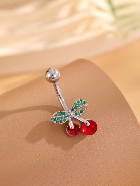 1pc Bow Leaf & Cherry Navel Ring, Cute Stainless Steel Belly Button Piercing Jewelry For Daily Wear