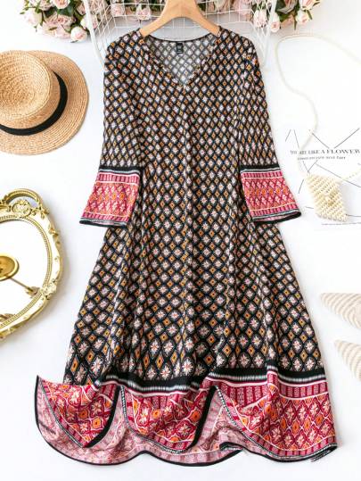 Plus Size Women's Geometric & Floral Printed Long Sleeve Dress