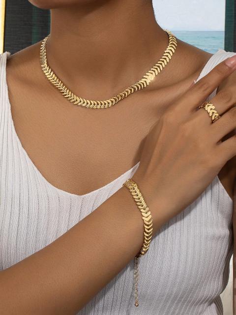 1set Wheat Chain, European & American Popular Simple Style, Necklace, Bracelet, And Ring