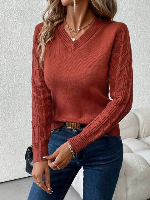 Rust Brown Cable-Knit V-Neck Sweater for Women