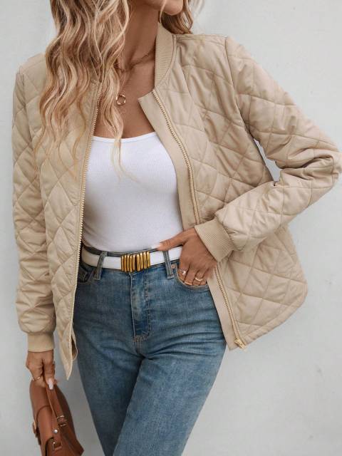 Women's Casual Solid Color Diamond Pattern Bomber Jacket