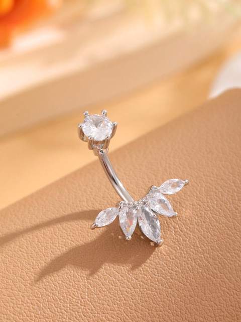 1pc Classic Stainless Steel Navel Ring With Fan Shaped Zirconia Piercing